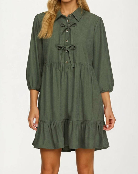 Knit & Lounge - Bow Front Corduroy Mini Dress with Ruffle Hem