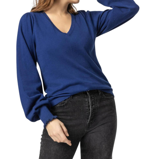 Lilla P - Cotton Cashmere Puff Sleeve V-Neck Sweater