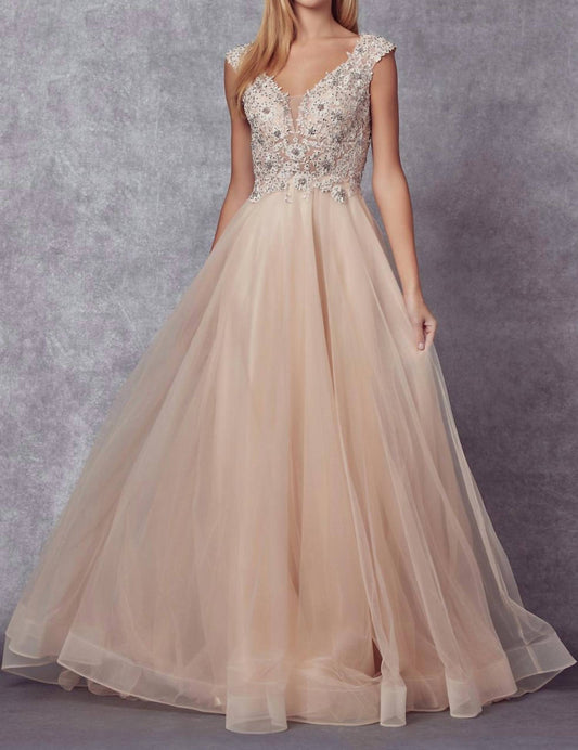 Ladivine - Plunging Neck Embroidery Beaded Illusion Prom Ballgown