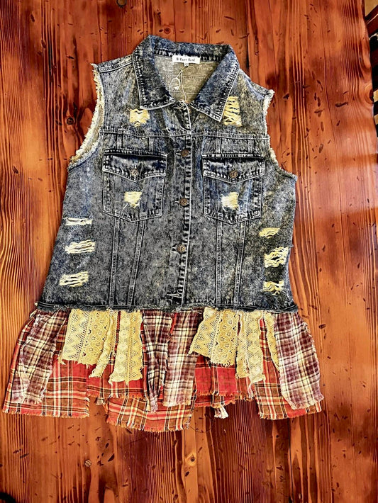 A Rare Bird - Tattered Denim Flannel Vest