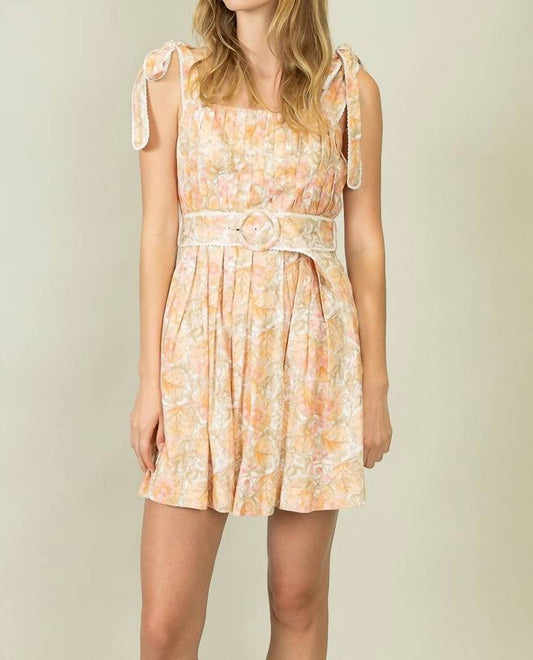 Heyson - Linen Print Crochet Trim and Pleated Belt Mini Dress