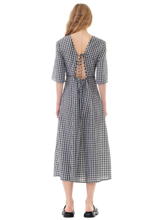 Ganni - Seersucker Check V-Neck Long Dress