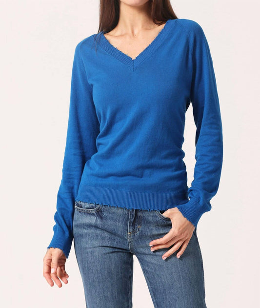 Minnie Rose - Cotton Cashmere Frayed Edge V Neck Sweater