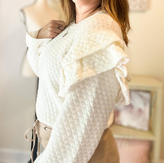 J.Nna - Ruffle Shoulder Quilted Knit Sweater