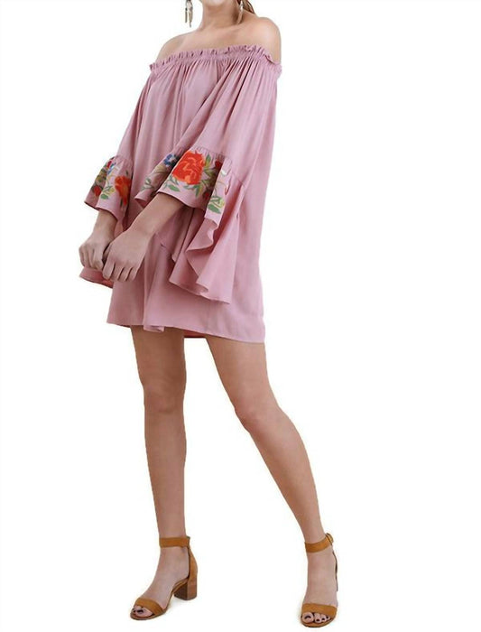 Umgee - Floral Embroidered Bell Sleeve Mini Dress