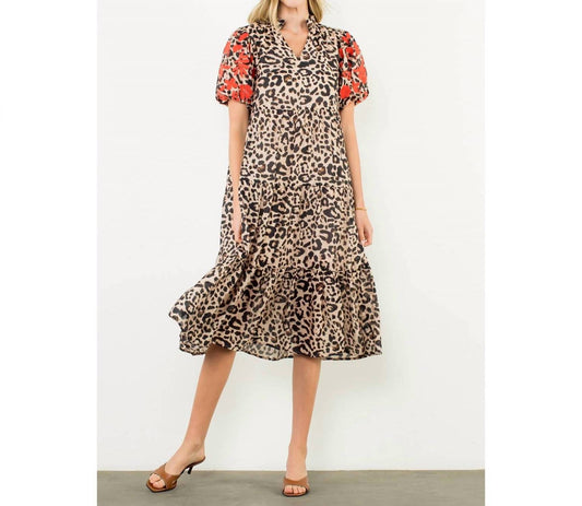 Thml - Embroidered Puff Sleeve Cheetah Dress