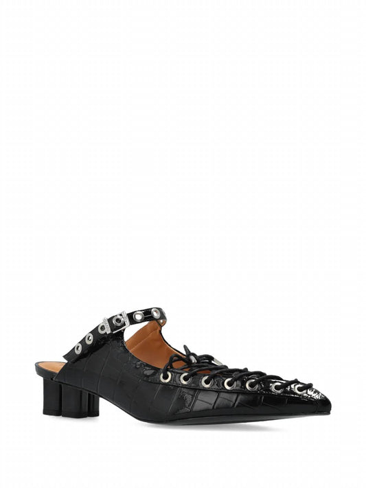 Ganni - Women's Eyelets Lace-up Mules