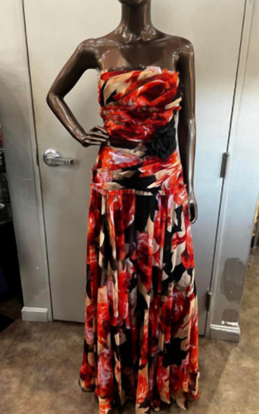 Js Collections - Women's Strapless Chiffon Floral Printed Long Dress