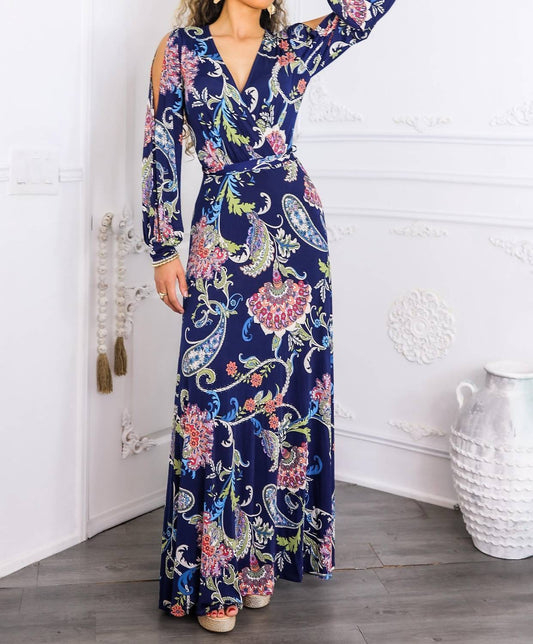 Surelymine - Paisley Cutout Maxi Dress With Long Sleeves