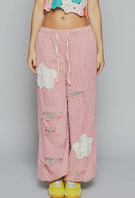 Pol - Distressed Elastic Band Textured Twill Joggers