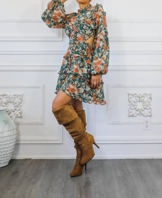 Surelymine - Bubble Sleeves Floral Cutout Laced Mini Dress