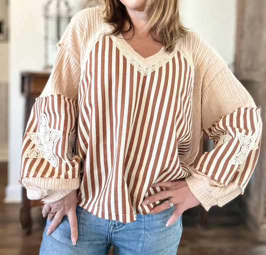 Pol - Oversized Striped Balloon Sleeve Top