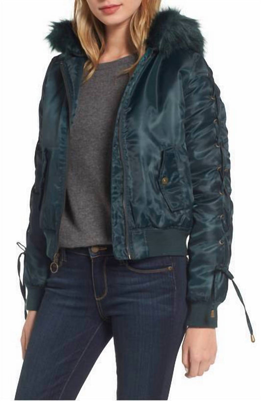 Kensie - Faux Fur Hood Lace Up Crop Puffer Jacket