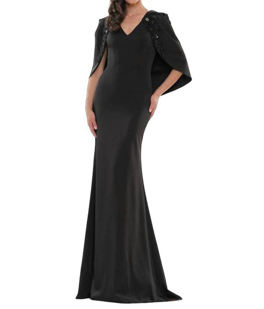 Marsoni By Colors - Beaded Shoulder Cape Evening Gown