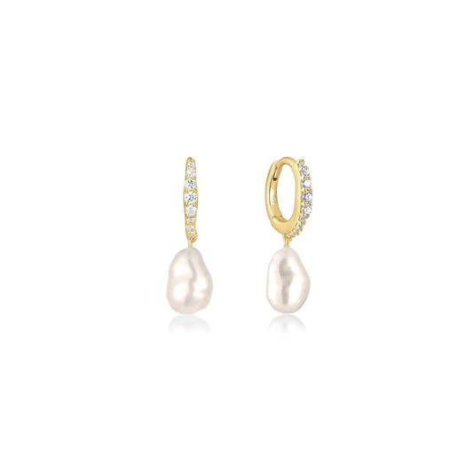 Eklexic - Women's Cz Huggie Hoops With Pearl Drop Earrings