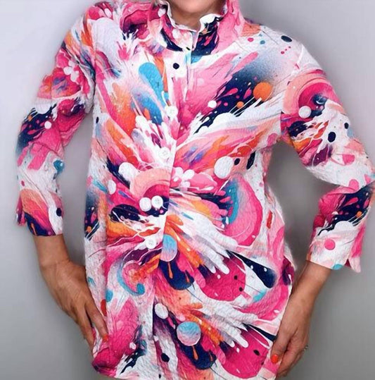 Ethyl - Ruffle Neck Printed Button-Down Blouse