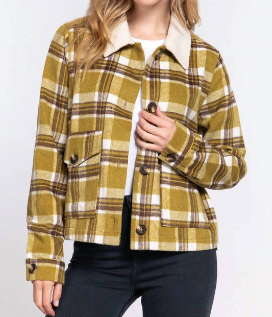 Active Usa - Faux Fur Collar Plaid Shacket