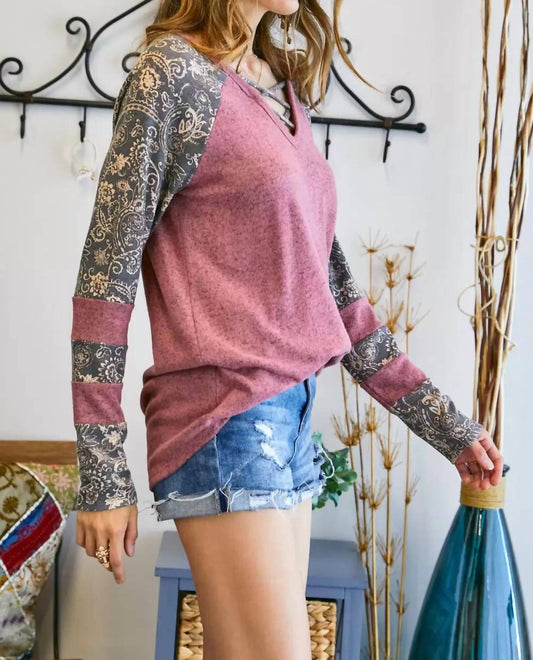 Lattice V Neck Paisley Print Contrast Top