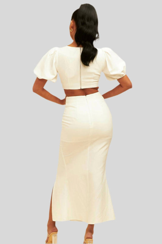 Luxxel - Puff Sleeves Top And Button Detail Skirt Set