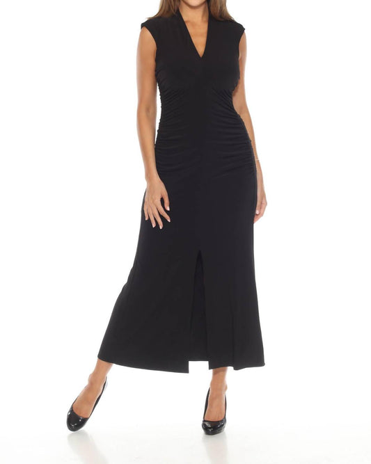 Joseph Ribkoff - Ruched V-neck High Slit Long Dress