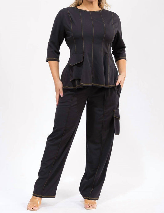 Karen T Design - Peplum Top And Straight Cargo Pants Set