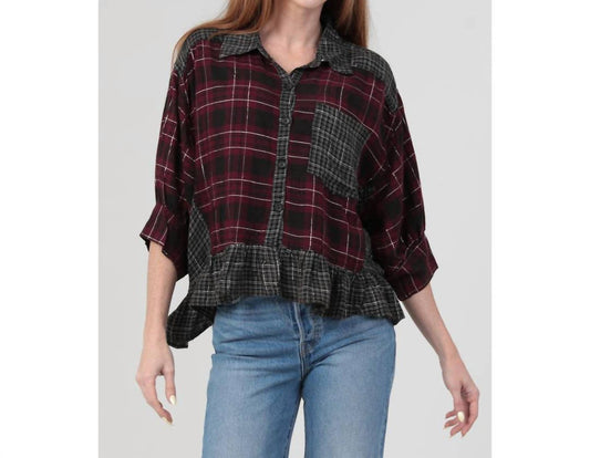 Pine Apparel - Plaid Mixed Media Ruffle Hem Top