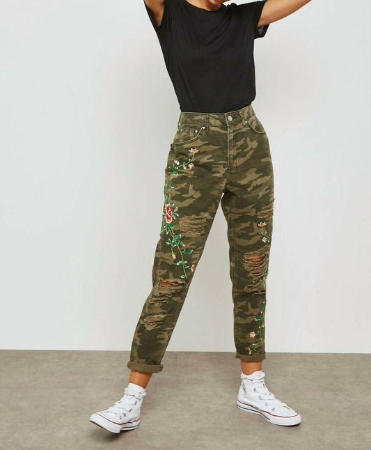 Topshop - High Rise Camo Print Floral Embroidery Ripped Mom Jeans