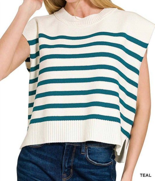 Zenana - Oversized Crew Neck Stripe Cap Sleeve Sweater