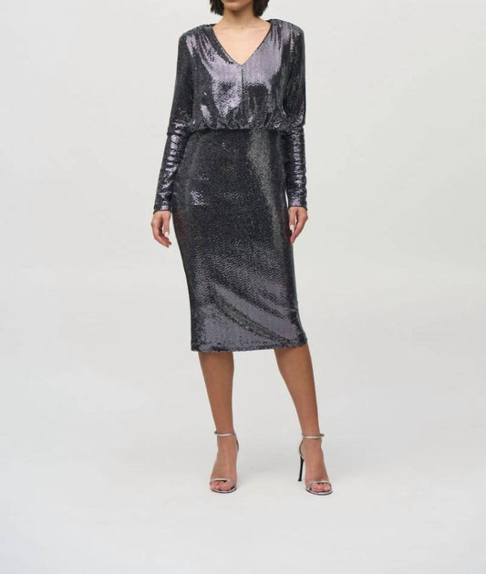 Joseph Ribkoff - Sequined V-neck Long Sleeve Sheath Dress