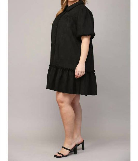 Fate - Darby Faux Suede Button Front Short Puff Sleeve Dress