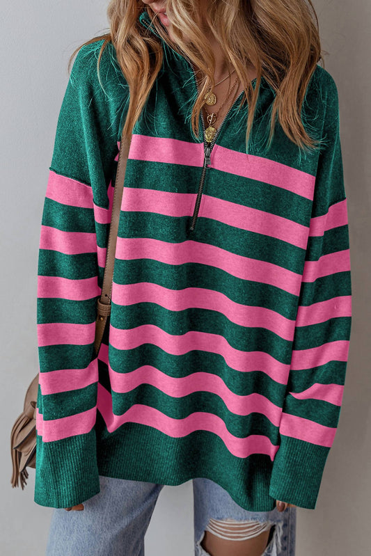Shewin - Striped Collared Quarter Zip Oversized Sweater - Plus