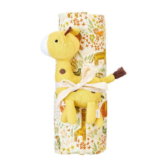 Mudpie - Kid's Safari Swaddle Blanket & Rattle Set