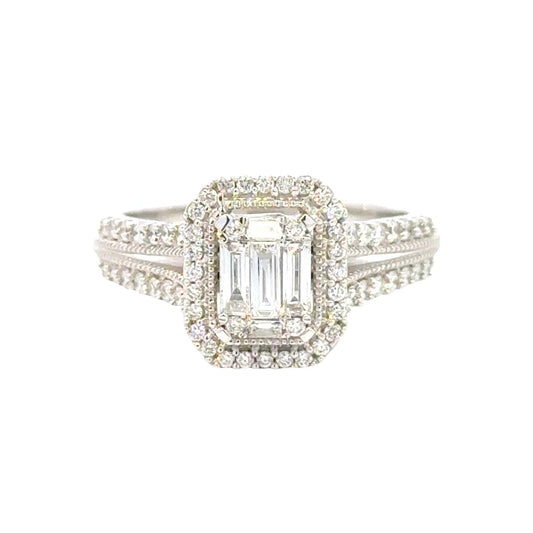 Aamiaa - 0.66 Carat Natural Diamond Emerald Cut Double Halo Engagement Ring - Size 6.5