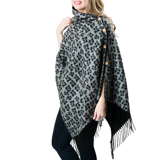 Top It Off - Reversible Leopard Print Fringe Button Wrap Shawl Poncho
