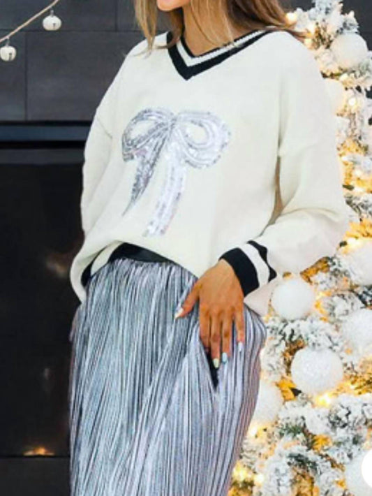 Grace + Emma - Silver Sequin Bow on Cream Varsity Sweater