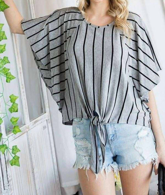 Jade By Jane - Stripe Print Tie Hem Round Neck Cape Sleeve Top