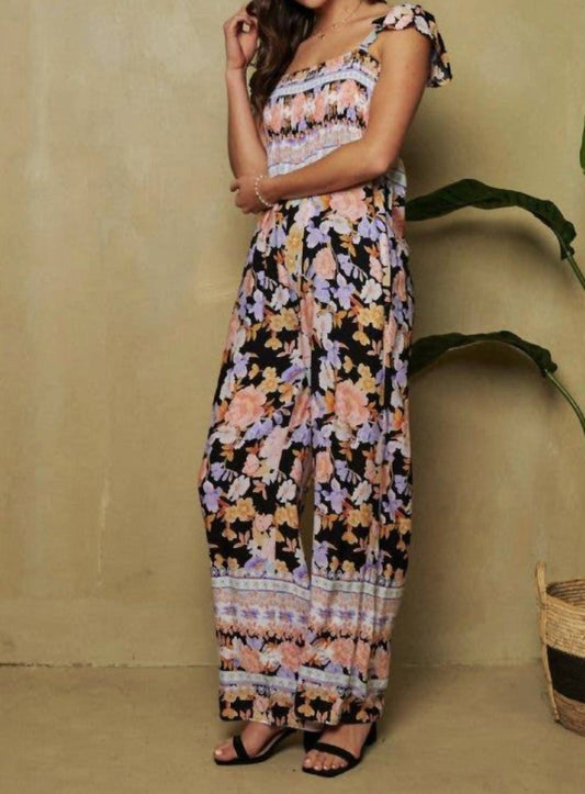 Davi & Dani - floral smocked bodice ruffled jumpsuit
