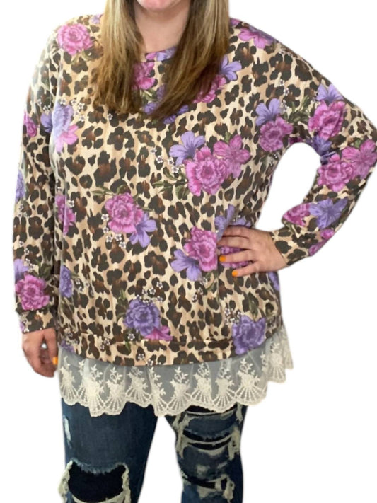 Honeyme - Lace Trim Floral Animal Sweater