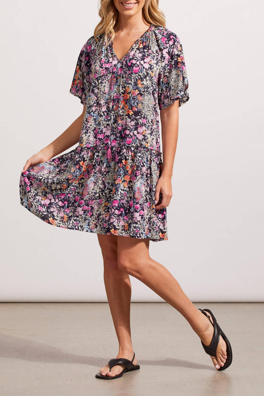 Tribal - Raglan Sleeve V-neck Tiered Dress