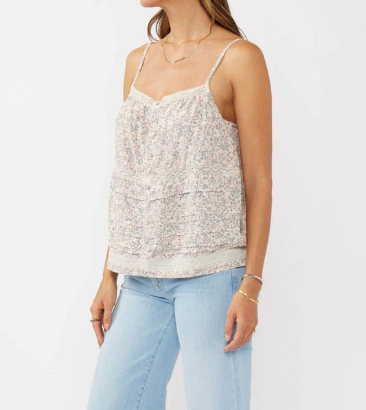 Lovestitch - Lace-trimmed Button Down Floral Spaghetti Tank Top
