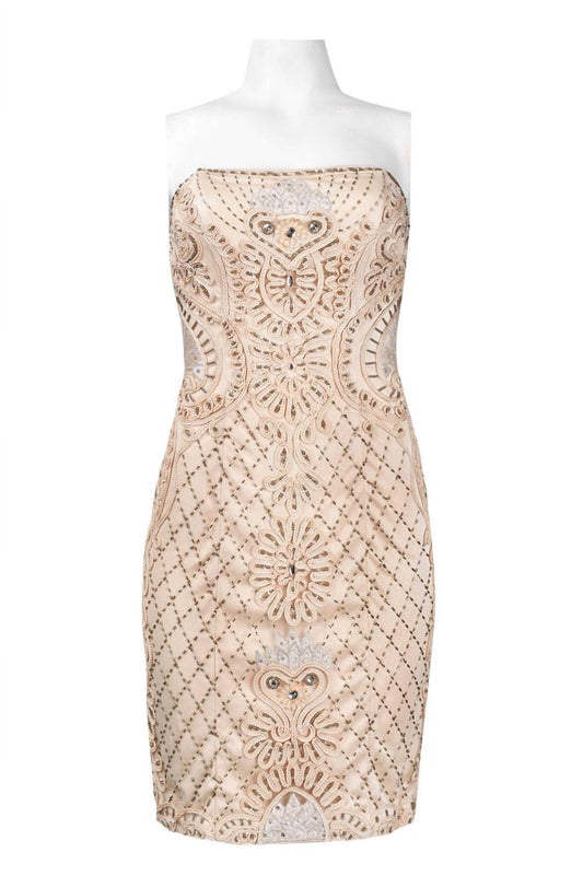 Sue Wong - Strapless Beaded Ribbon Swirl Mesh Dress