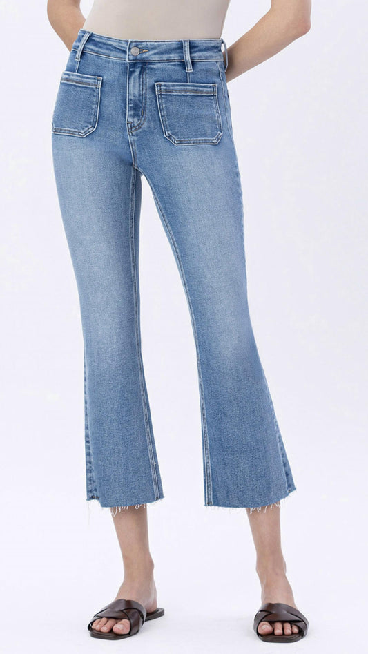 Lovervet - High Rise Patch Pocket Kick Flare Jean