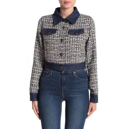 Gracia - Tweed Glitter Contrast Denim Crop Jacket