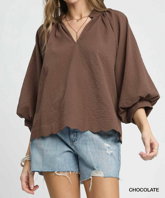 Umgee - Split Neck Balloon Sleeve Blouse