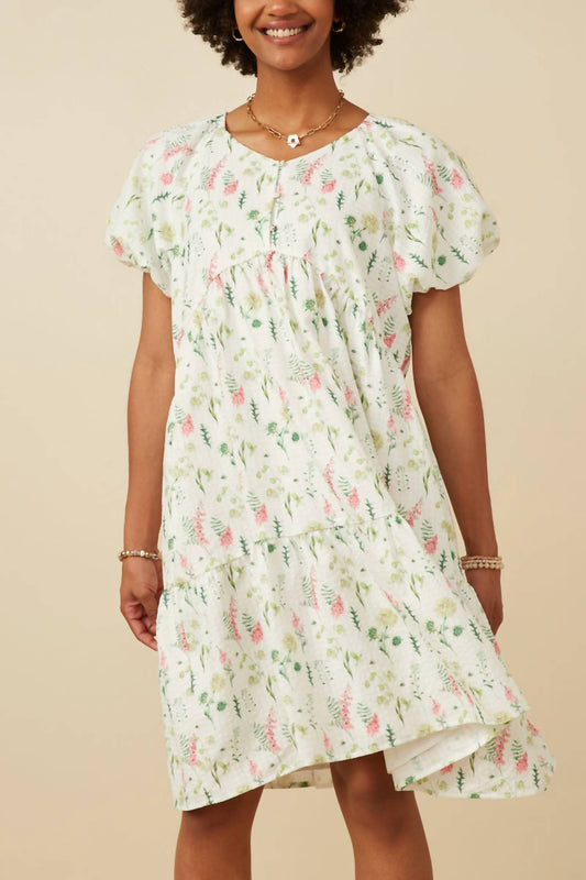 Hayden La - Textured Floral Button Detail Bubble Sleeve Dress