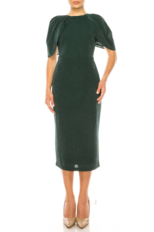 Maison Tara - Metallic Capelet Sleeve Midi Dress