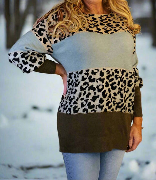 Look Mode Usa - Leopard Print Colorblock Sweater