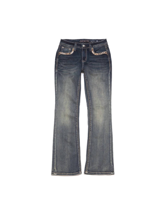 Grace In La - Women's Wash bootcut jeans with embroidered back pockets