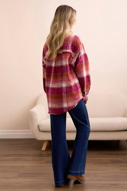 Tribal - Oversized Flannel Fringed Hem Shirt