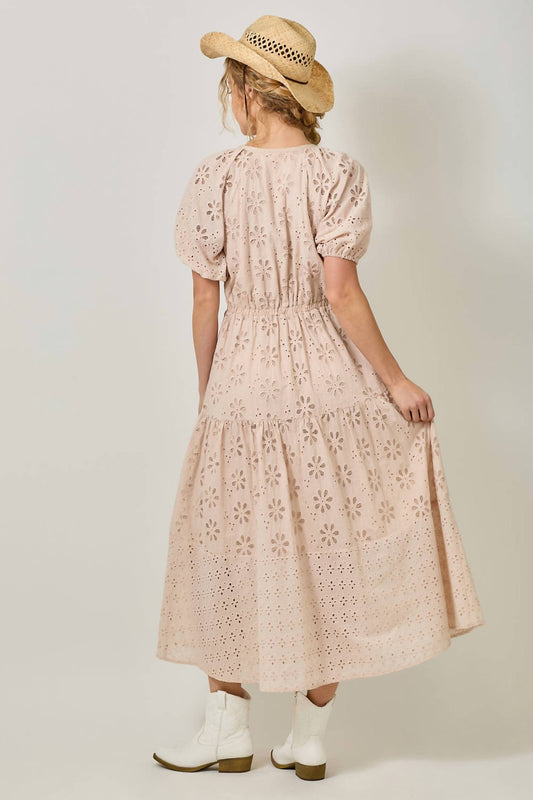 Mystree - Puff Sleeve Tiered Eyelet Dress